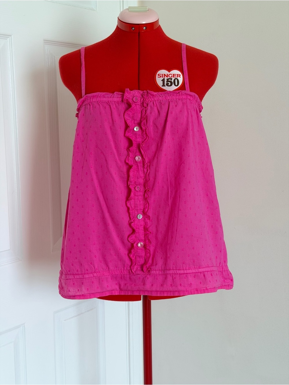 Vintage Y2K Doen Pink Cotton Swiss Dot Babydoll Camisole Top Smocked Ruffle S-M